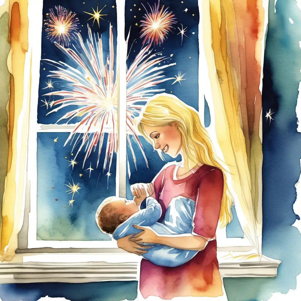 Children’s book, watercolor illustration, blonde girl holding a newborn baby at hospital with fireworks in window