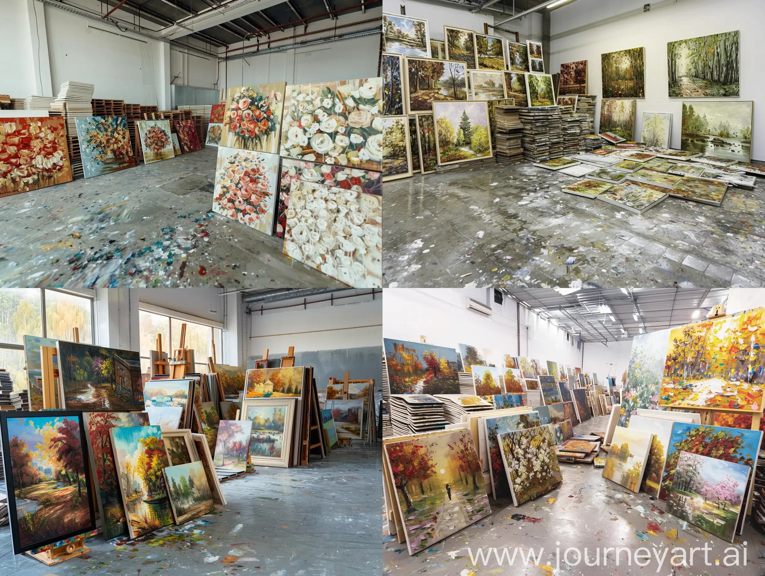 (Super large oil painting studio))), ((A large number of handmade oil paintings are piled up in the studio))), ((Arranged in order)), ((Clean non-reflective cement floor)), (Realistic, 8K resolution paintings quality, panorama) 