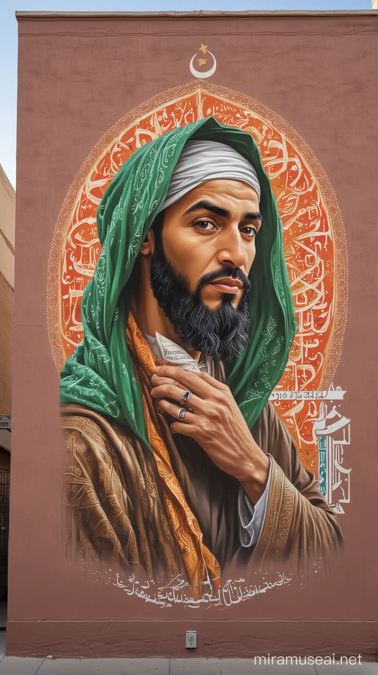 Subject: A mural illustrating Prophet Muhammad's teachings on human rights and equality, with the adoption of Zayd ibn Harithah as a central element.
Style: Public art, using bold colors and stylized figures to convey a message of social justice and human dignity.