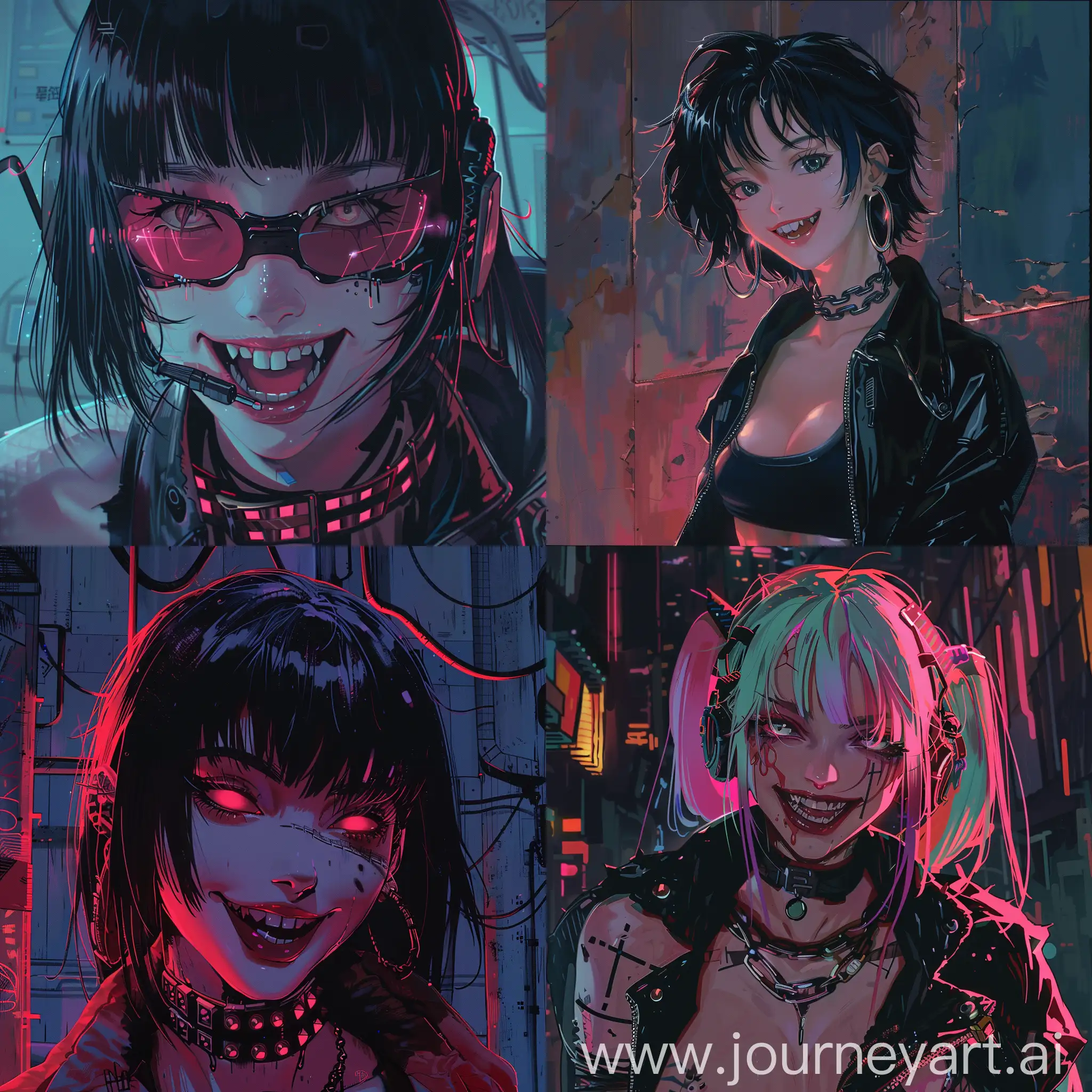 90s style anime, female, cyberpunk, smile, vampire 