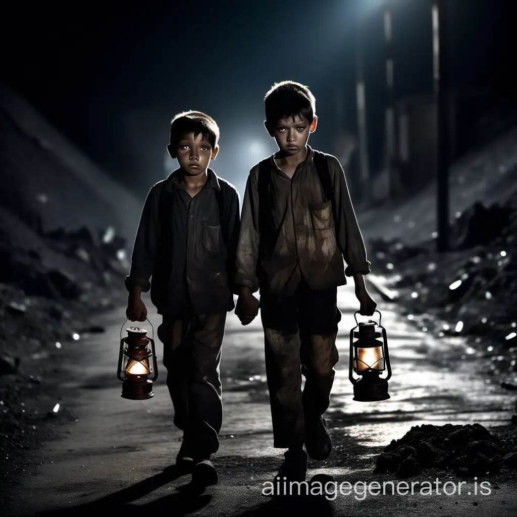 two tired and sad minors walking in a street of a coal mining town, dirty, holding an old lantern, they are poor, the street is dark and dirty, atmosphere of misery, of fatigue