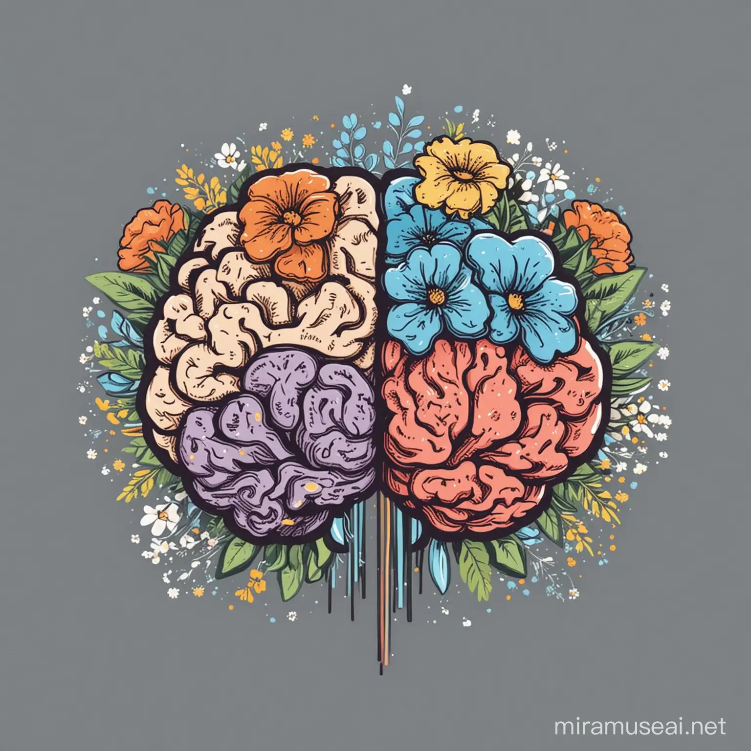 brain and flowers, half and half, simple minimalist drawing, vector, flat illustration, sticker