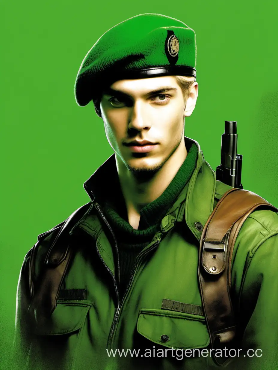 молодой мужчина, 25 лет, блондин, волосы средней длины, зеленый берет, небрежная челка свисающая из под берета, аккуратные черты лица, маленький нос, ухмылка, без растительности на лице, уверенный взгляд, зеленый свитер с черными вставками на плечах и груди, коричневая рубашка над свитером, кобура с пистолетом на кожаном ремне, на фоне ангар с зеленым фильтром, фокус на мужчине, цифровая живопись, высокое качество