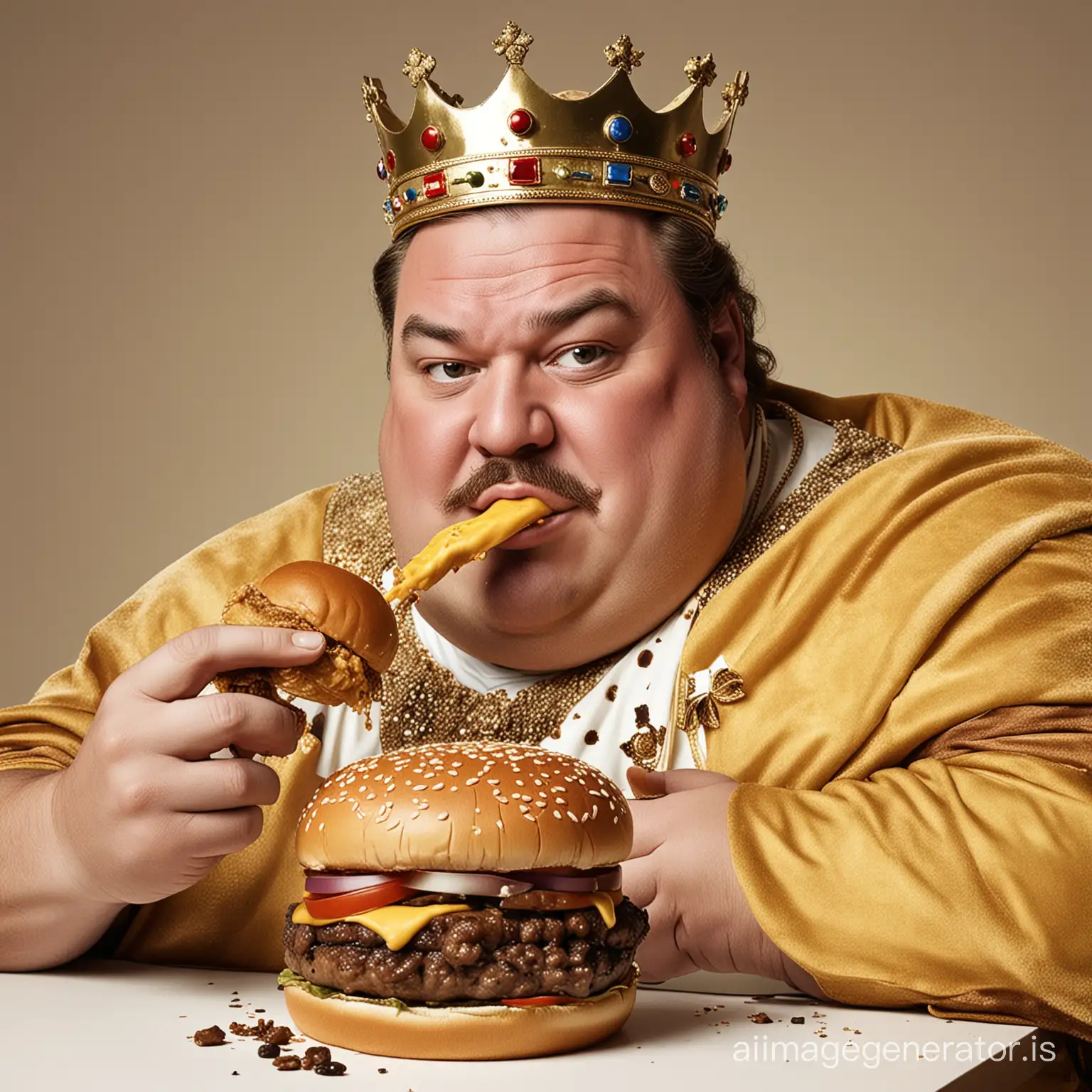 a fat king eating burger made with poop