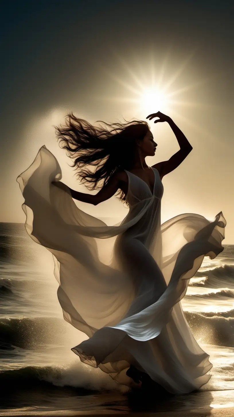 Luminous Ocean Dance Woman with Dark Hair in Harmonious Sunrise