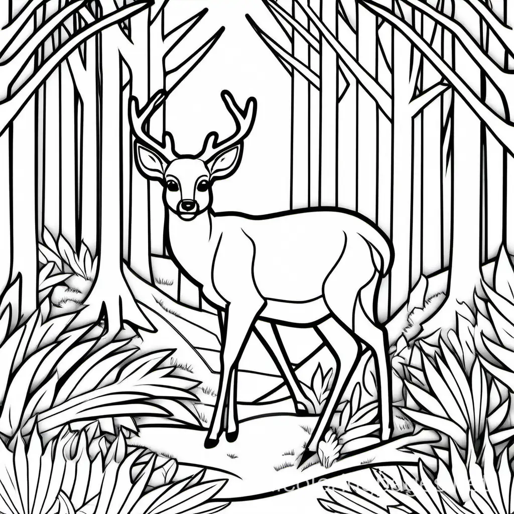 deer on the forest bacground, Coloring Page, black and white, line art, white background, Simplicity, Ample White Space. The background of the coloring page is plain white to make it easy for young children to color within the lines. The outlines of all the subjects are easy to distinguish, making it simple for kids to color without too much difficulty