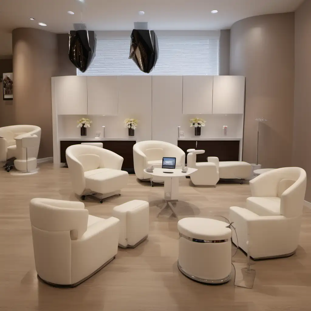    modern design of manicure  white furniture, one brown wall, brown floor, two manicure tables, armchairs for customers, white sofa