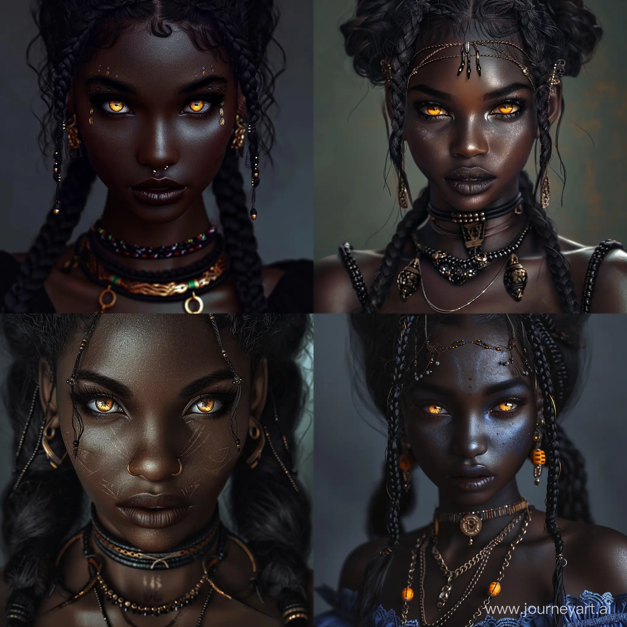 African girl, Africa, dark skin, golden eyes, dark hair, African braids, necklace, earrings, makeup, (detailed skin texture),