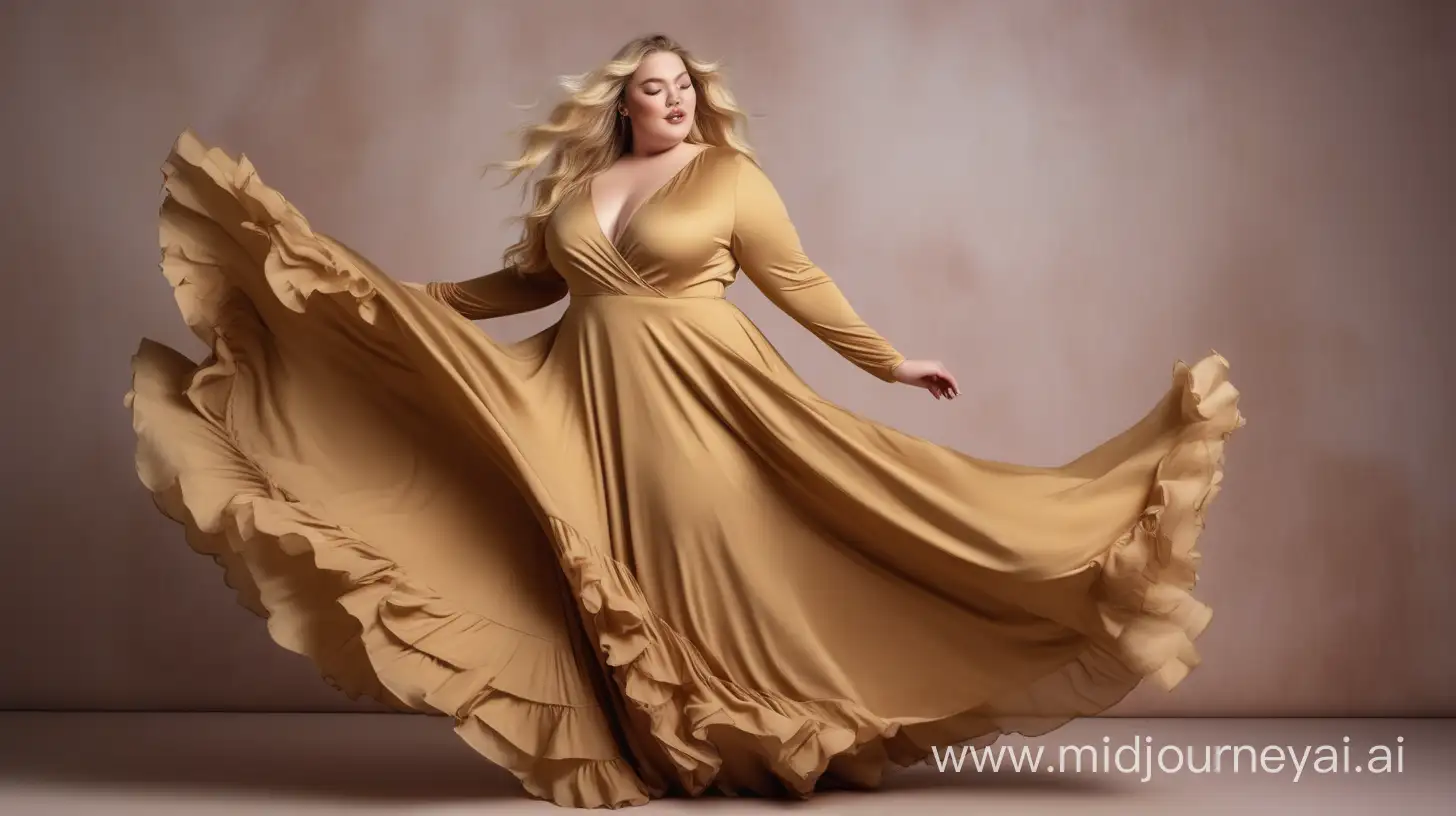 A plus size beautiful romantic model, with sensual blond long hair, wearing a matte gold long dress with fitted long sleeves, flowing skirt with 2 tiers of ruffles, dancing