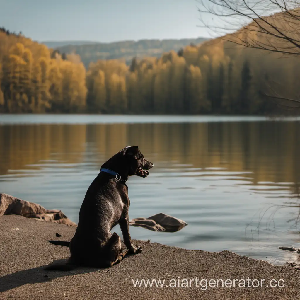 Собака сидит на берегу озера
