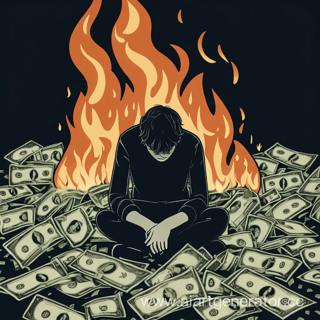 Melancholic-Music-Cover-Art-Lonely-Figure-Amidst-Burning-Banknotes