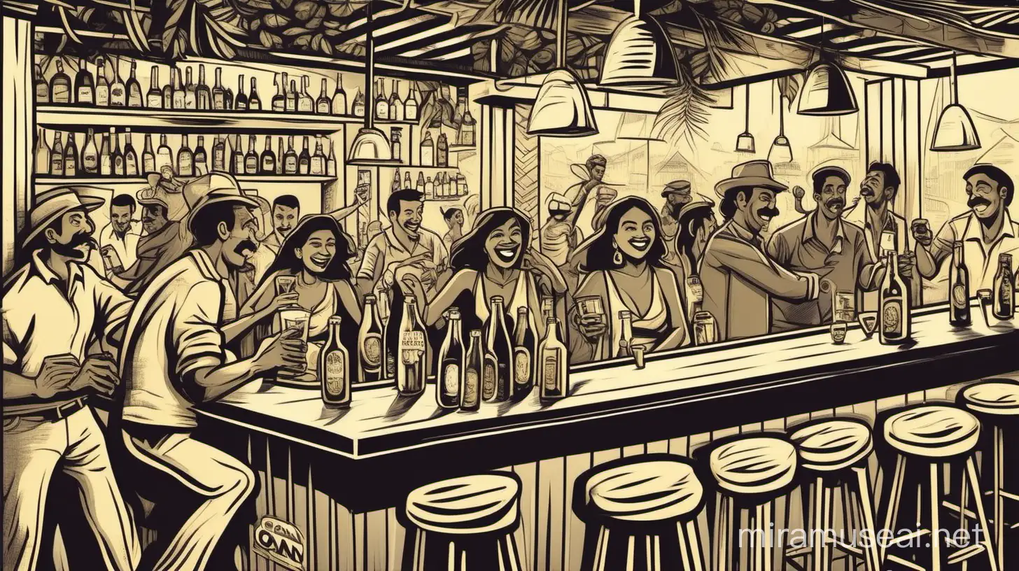 an illustrated scene of people at a bar enjoying, partying and drinking Goan Feni, in the style of Mario Miranda