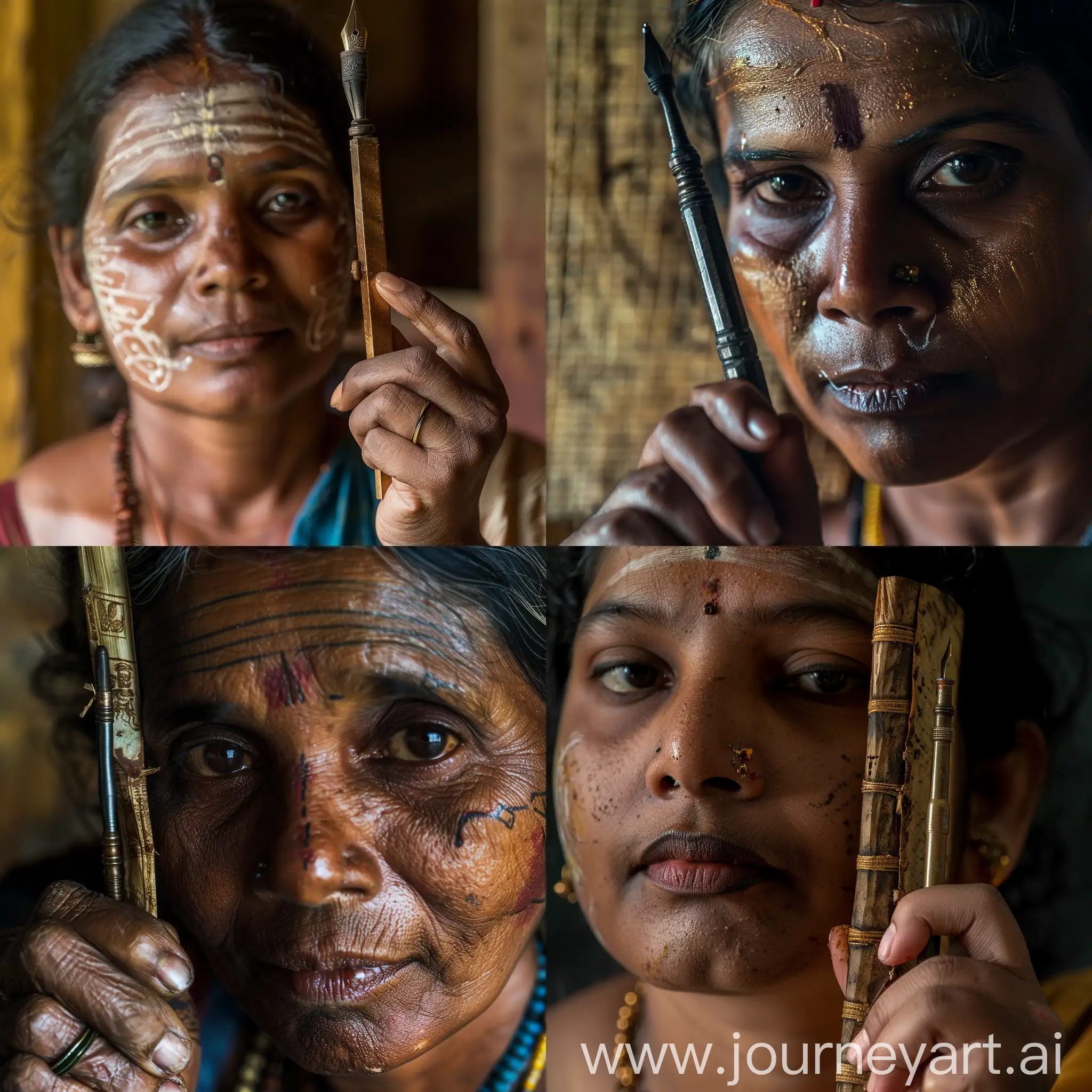 A lady from ancient kasaragod, I need a close shot of face, she has calm look, she is from a brahmin community, there is an iron pen in her hand which is used to right in palm leaves in ancient Kerala, there is also an ancient palm leaf book in her hand which was traditionaly used in Kerala, which is called ezhuthola, there is a slight face painting on her face like theyyam