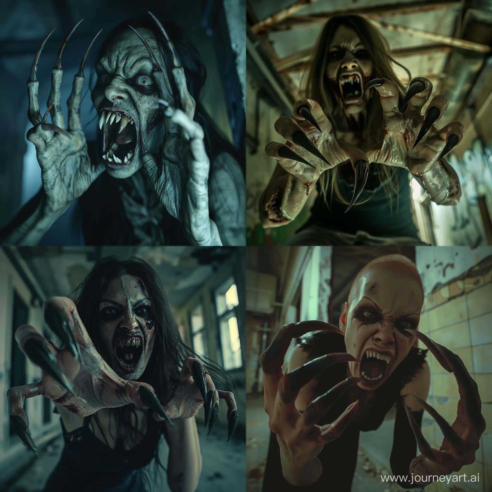 A Terrible Zombie woman with long curved pointed nails protruding from her fingers like menacing claws, she looks like a who has climbed out of the grave, her mouth is threateningly open exposing pointed teeth resembling fangs, The scene takes place at night, in an abandoned building, hyper-realism, photorealistic, cinematic, high detailed, nails detailed, detailed photo.