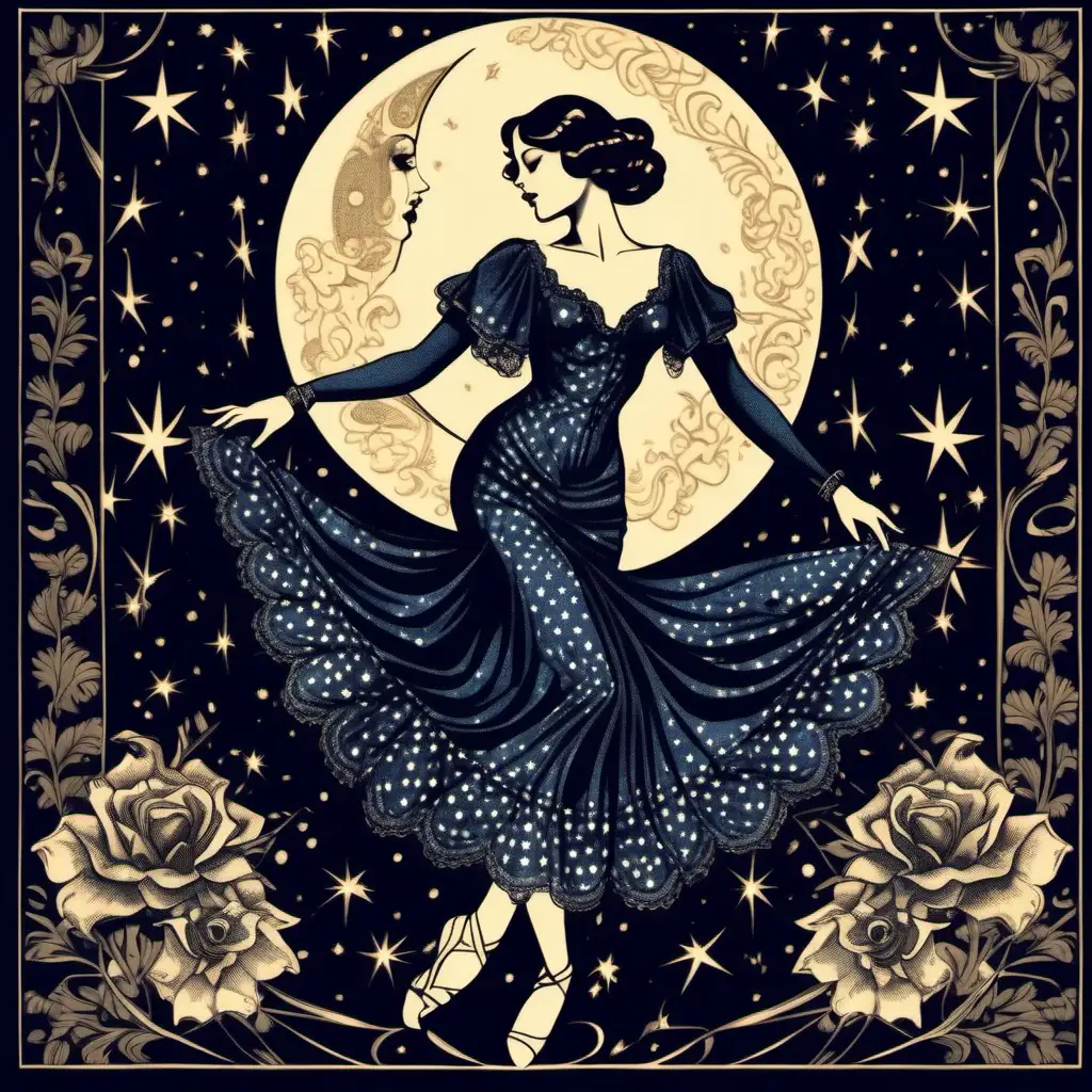Vintage Illustration, Art Deco Style, Silhouette of a female dancer, lace dress, stars in a dark blue sky, Moon in Background, Dark Academia Aesthetic, Full Body portrait, Victorian-Inspired, Tapestry-Like, Dark Muted Colors, Flowercore