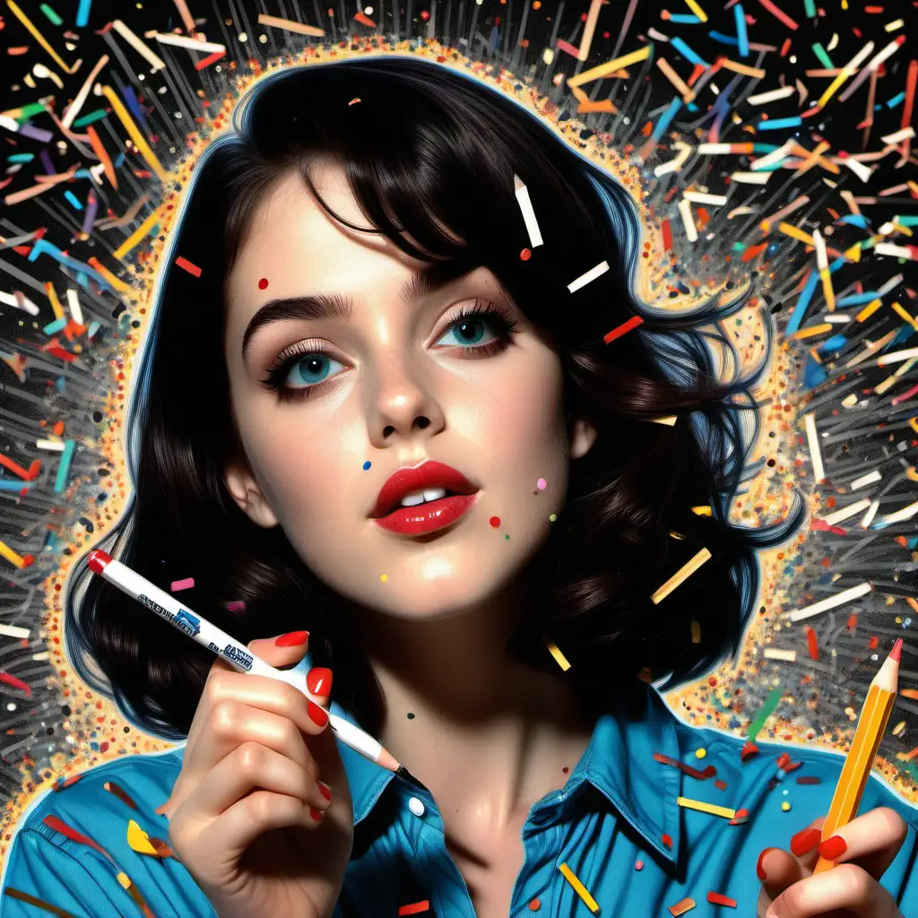 beautiful brunette girl, holding a sharp pencil, pleasantville aesthetic, confetti, very intricately and microscopically detailed, pop art