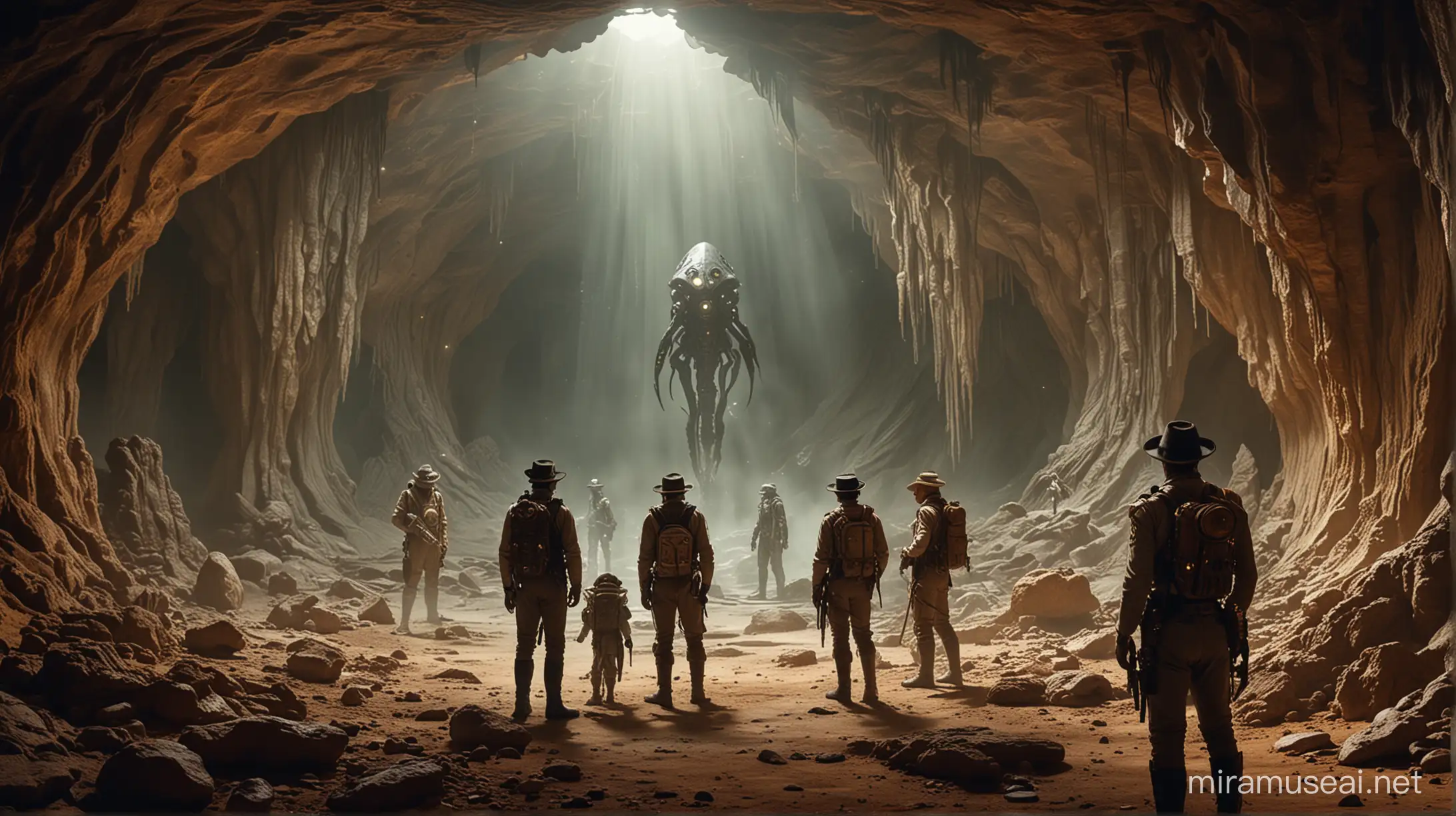 Explorers in steampunk uniforms observe the alien form of life in a great cave.