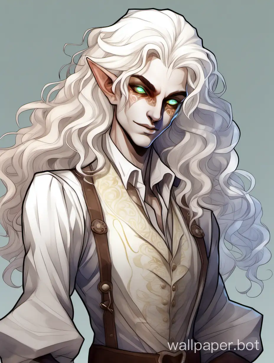 a D&D bard, dnd changeling, a changeling from dungeons and dragons, thin, slender, translucent ((pale white skin)), (wavy curly long white hair), ((glowing white eyes)), androgynous, flamboyant, nonbinary, pale body, lithe, pointed ears, almond shape eyes, charismatic, (bard adventurer clothes), epic, portrait, poster, humanoid, friendly, pretty, character bust, wearing clothes, entertainer, performer, clean, baggy sleeves, waistcoat, straight slightly hooked nose, digital art, classic, watercolor, proportionate, anatomical, painting, shapeshifter, haunting face, white skin, all white grey inhuman, colorless skin