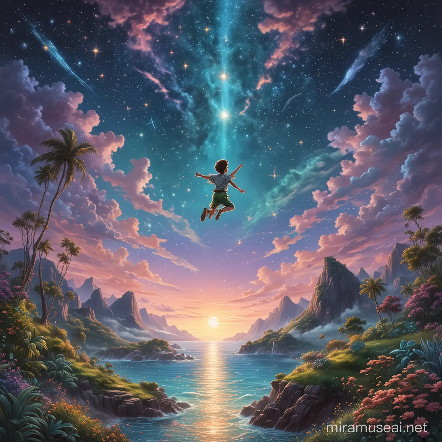 Dreamy Peter Pan Flying Over Verdant Islands in Sparkling Night Sky