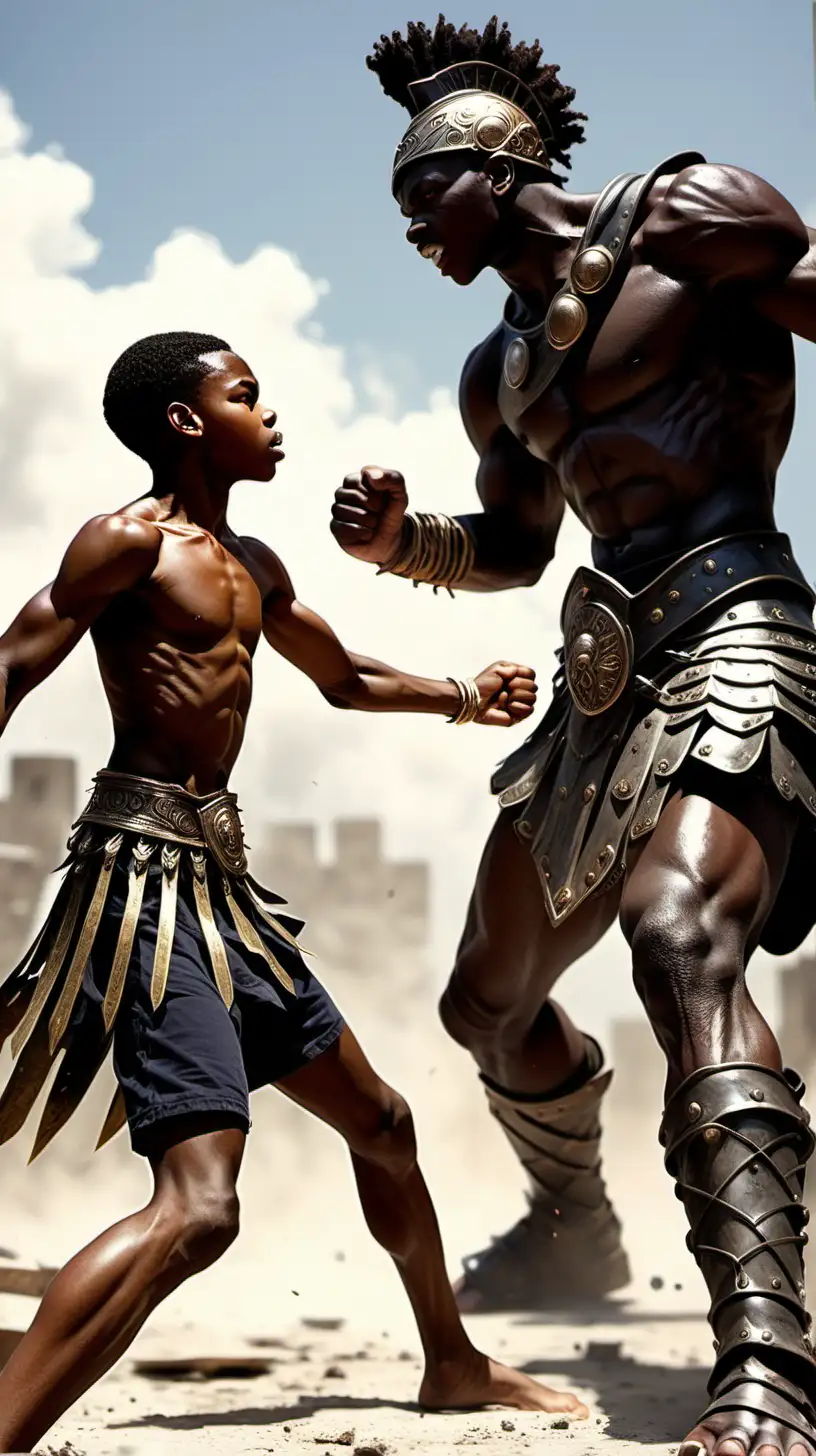Victorious Black Teenage David Warrior Overcomes Giant Adversary in Epic Battle