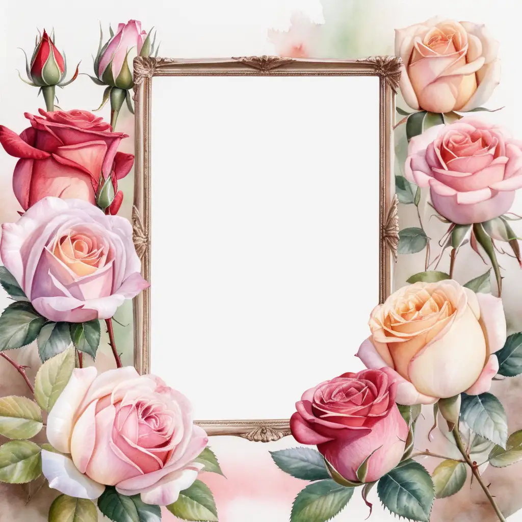 Elegant Watercolor Frame Surrounding White Roses Floral Artwork