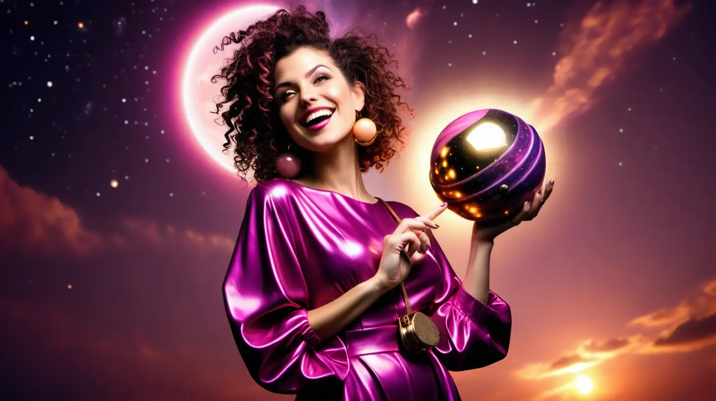 trendy starseed astrologer woman, futuristic, in her 30s, medium build, happy, holds gold purse, gold light bursting out, planets are bursting out of her head, whole body, long dark pink modern outfit, wealthy, empowered, confident, white skin, Italian, short brown curly hair, looking up, smiling, planets, bright light, sunset, pink peach purple sky 
