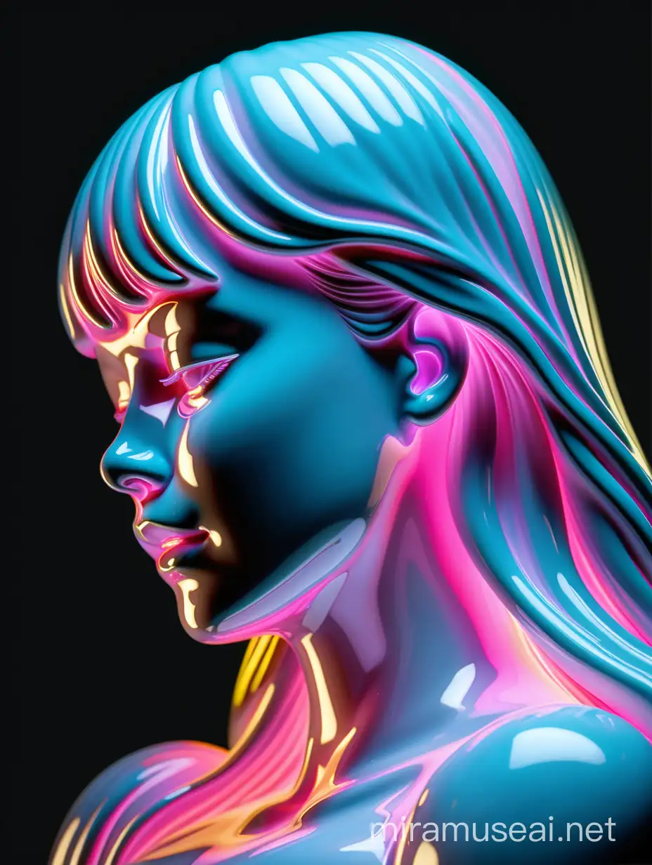 Iridescent Neon Porcelain Feminine Figure with Strong Expression on Black Background