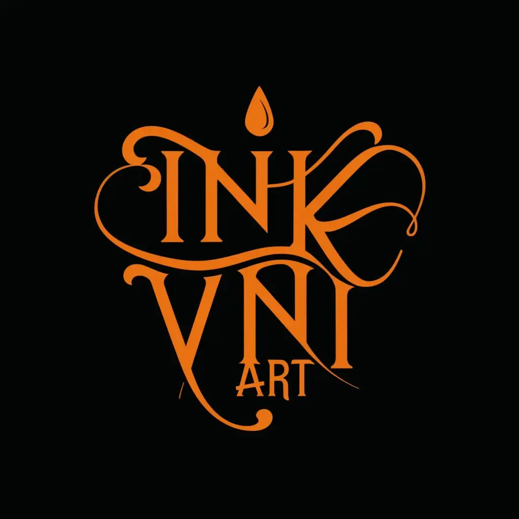 a logo design,with the text "Ink Vini Art", main symbol:a logo using a more modern aesthetic, futuristic, with gothic lettering, and short using black and orange colors, ALGO DISCRETO RELACIONADO A TATUAGEM,Moderate,be used in Internet industry,clear background