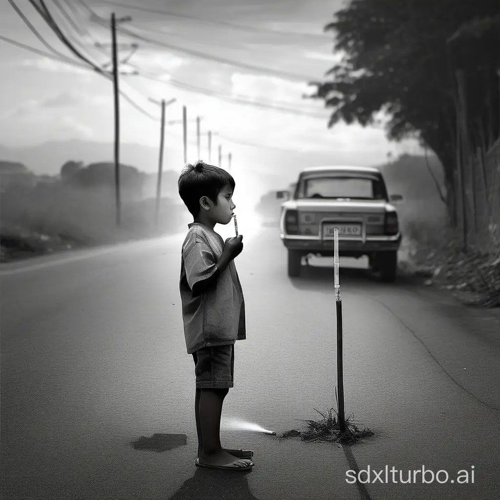 The boy stood on the roadside with a cigarette in his hand, feeling sad