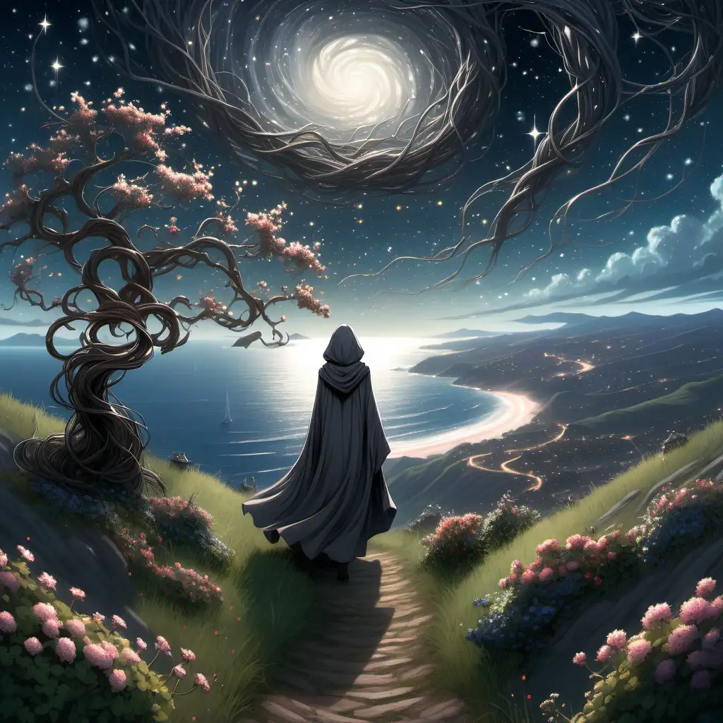 A gray-cloaked woman is walking away on a hilltop plateau overlooking a coastline underneath a starry sky.  Towering vines, trees, branches, and flower blooms whirl from the ground around her.