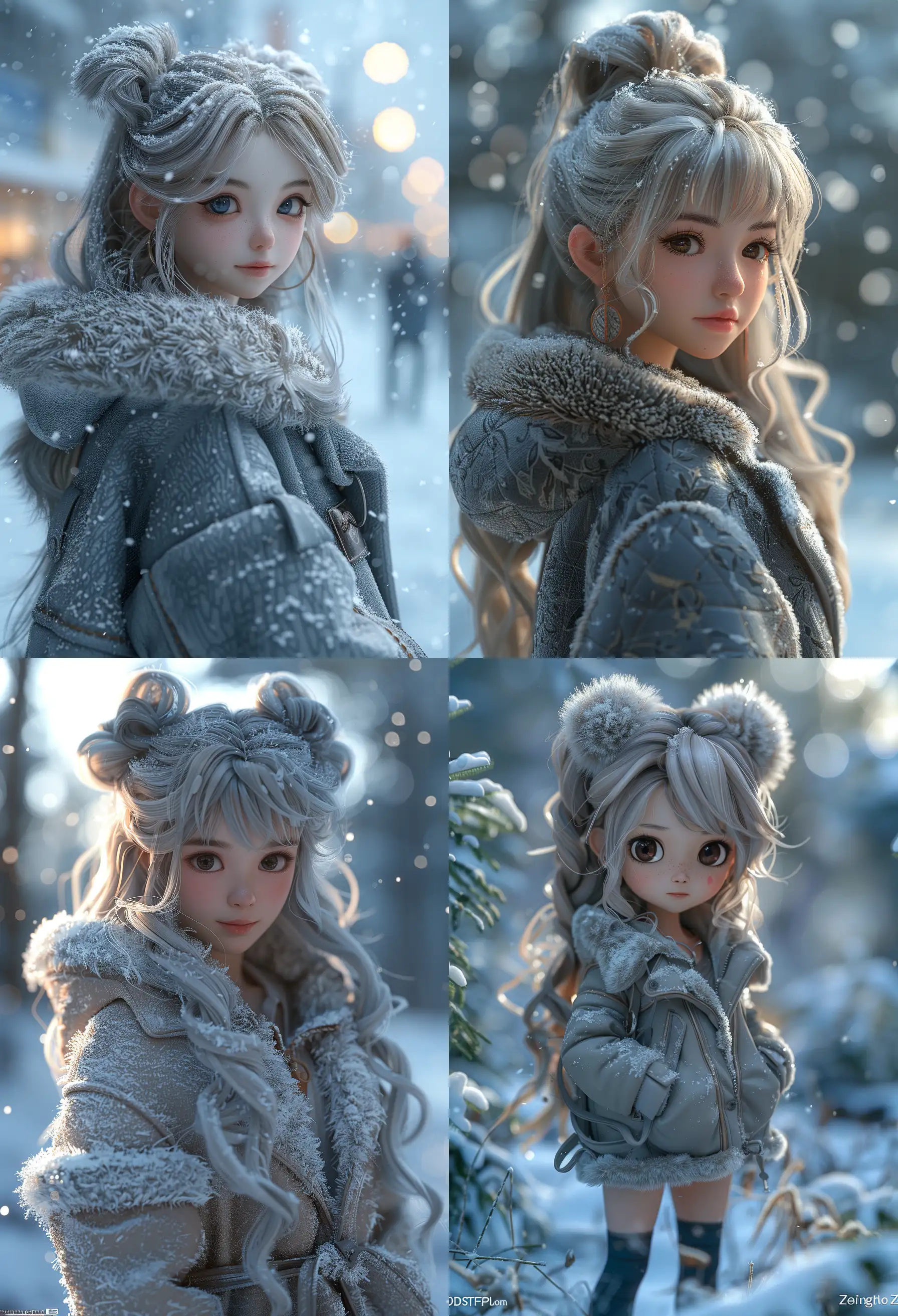 A cute anime character, ultra realistic,  standing in snow, fur coat, long hair, high quality CGI VFX fine art, ZBrush HDR | color grading | dark shadows | ambient occlusion | high resolution | intricate | hyperrealistic textures --s 750 --ar 28:41