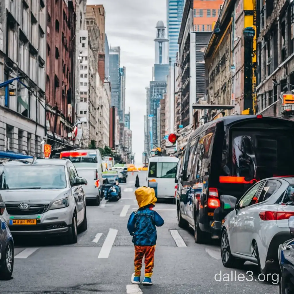 The boy got stuck in city traffic jams