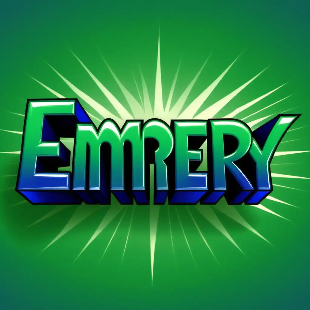 Cartoon word "Emery" that fades from royal blue to emerald green