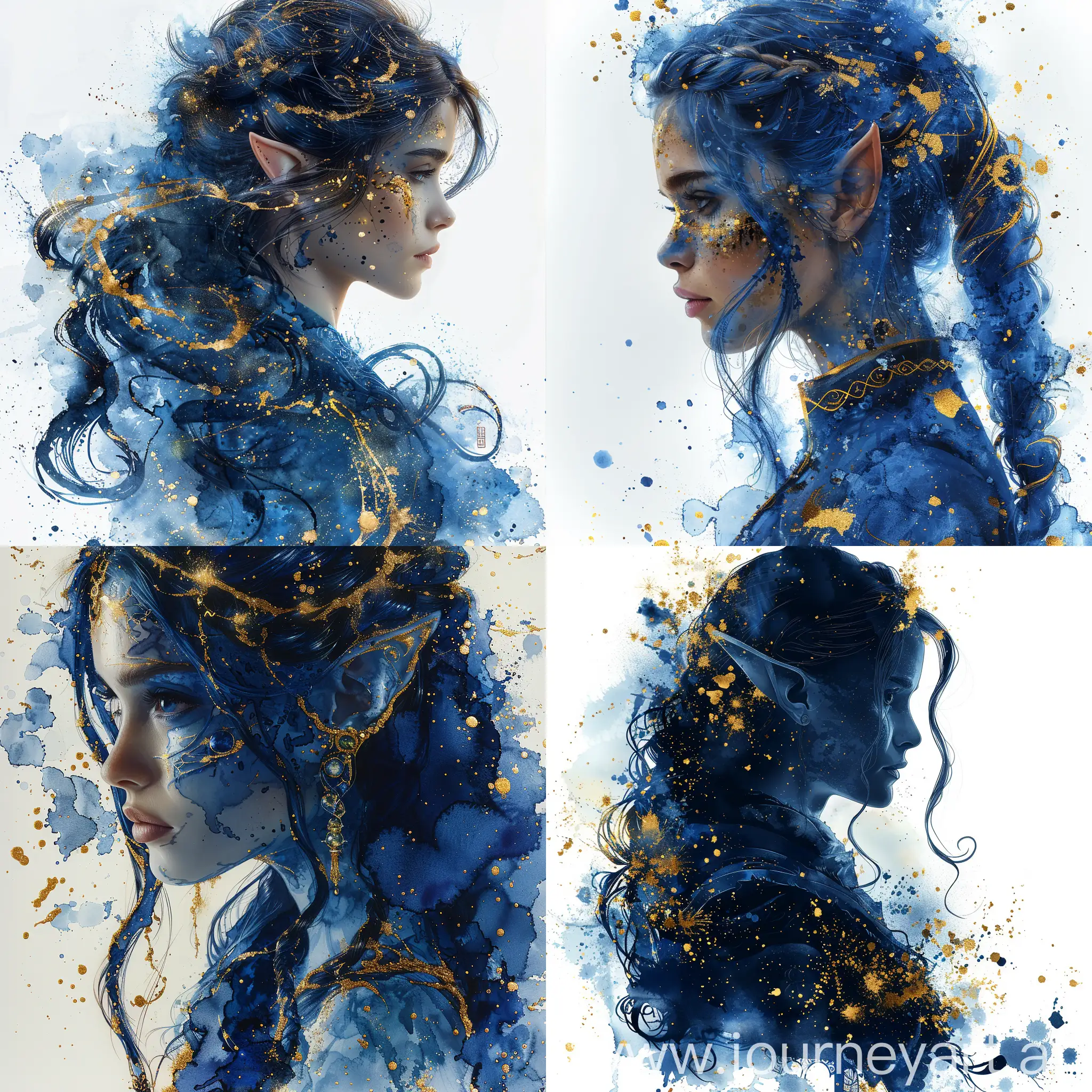 Silhouette of a beautiful (blue and gold cosplaying elf woman) in blue and gold watercolour splash arts, insanely detailed illustration, trending on Artstation, splash art, paint splashes, perfect composition, blue and gold ink spatters, duochrome,  in the style of xu beihong, appropriation artist, moosa al halyan, realistic, cyan, arabesque/scroll, wimmelbilder--ar 4:5 --s 850