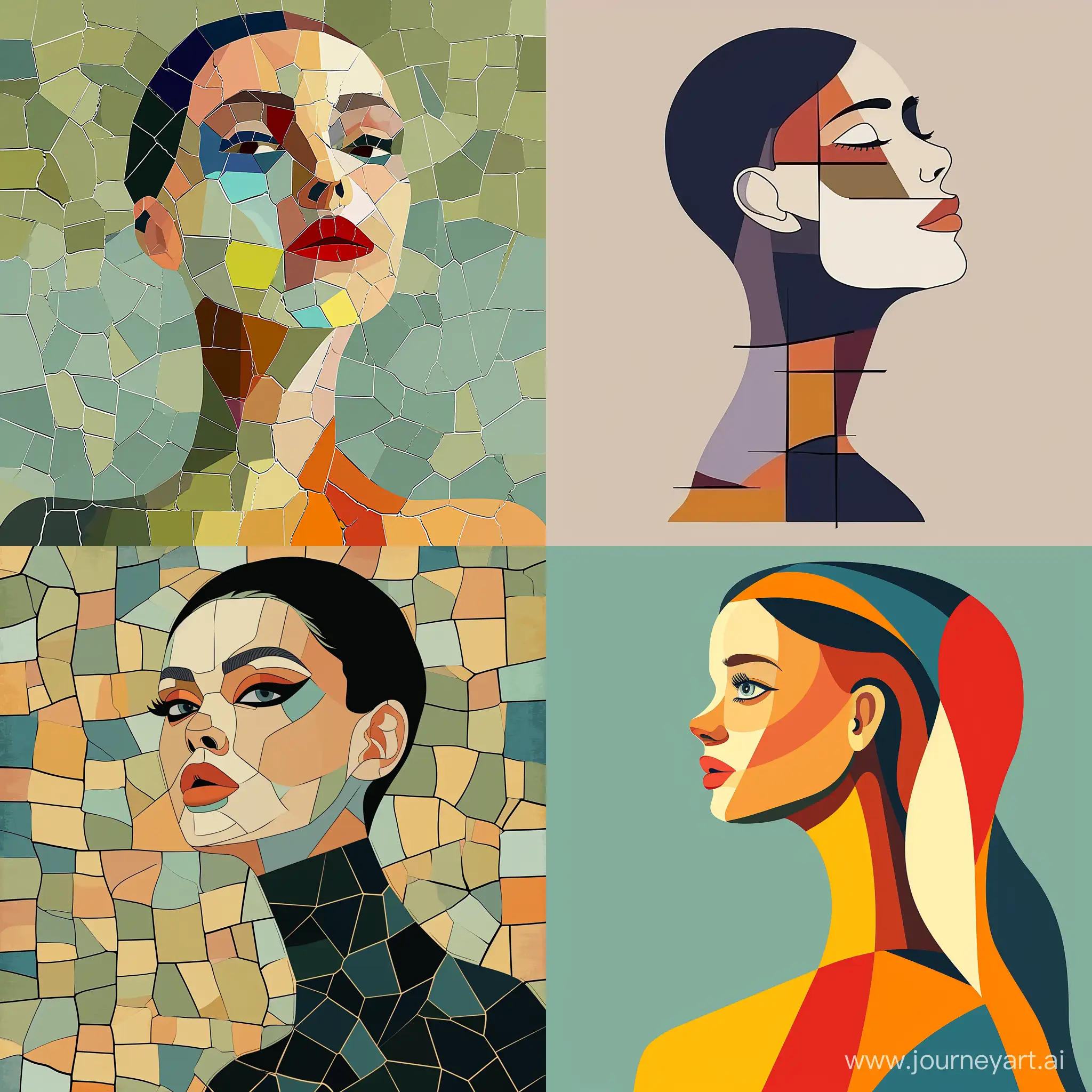 Mozaic style woman abstract portrait, harmonious colour palette, with harmony of shapes and textures with a long neck design minimalism poster caricature portrait