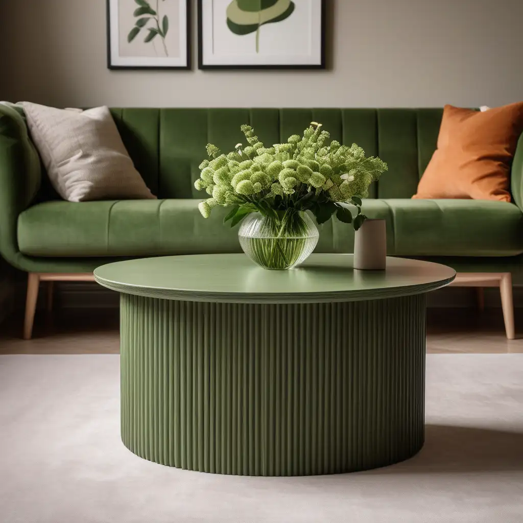 A product photography picture of an green coffee table with rounded dowels fluted base in centre of a contemporary living room with a vase of flowers on top of it.