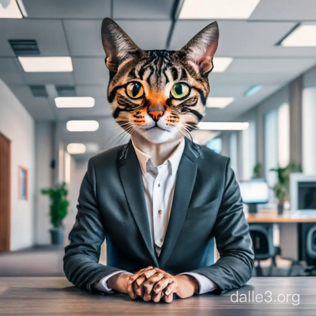 Human with cat head photorealistic in an office setting 