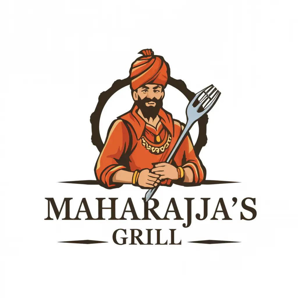a logo design,with the text "Maharaja's Grill", main symbol:Royal king with turban and spatula in this hand,Moderate,clear background