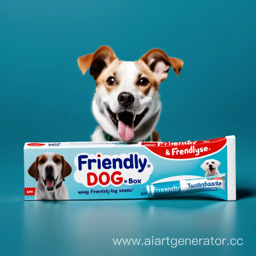 Заставка для рекламы, коробка зубной пасты "Дружный Пёс", тюбик пасты и рядом сидит собака