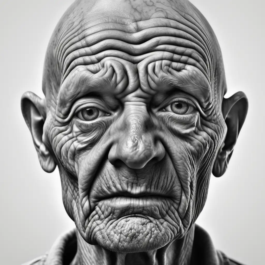Detailed Realistic Wrinkled Face Portrait in Black and White