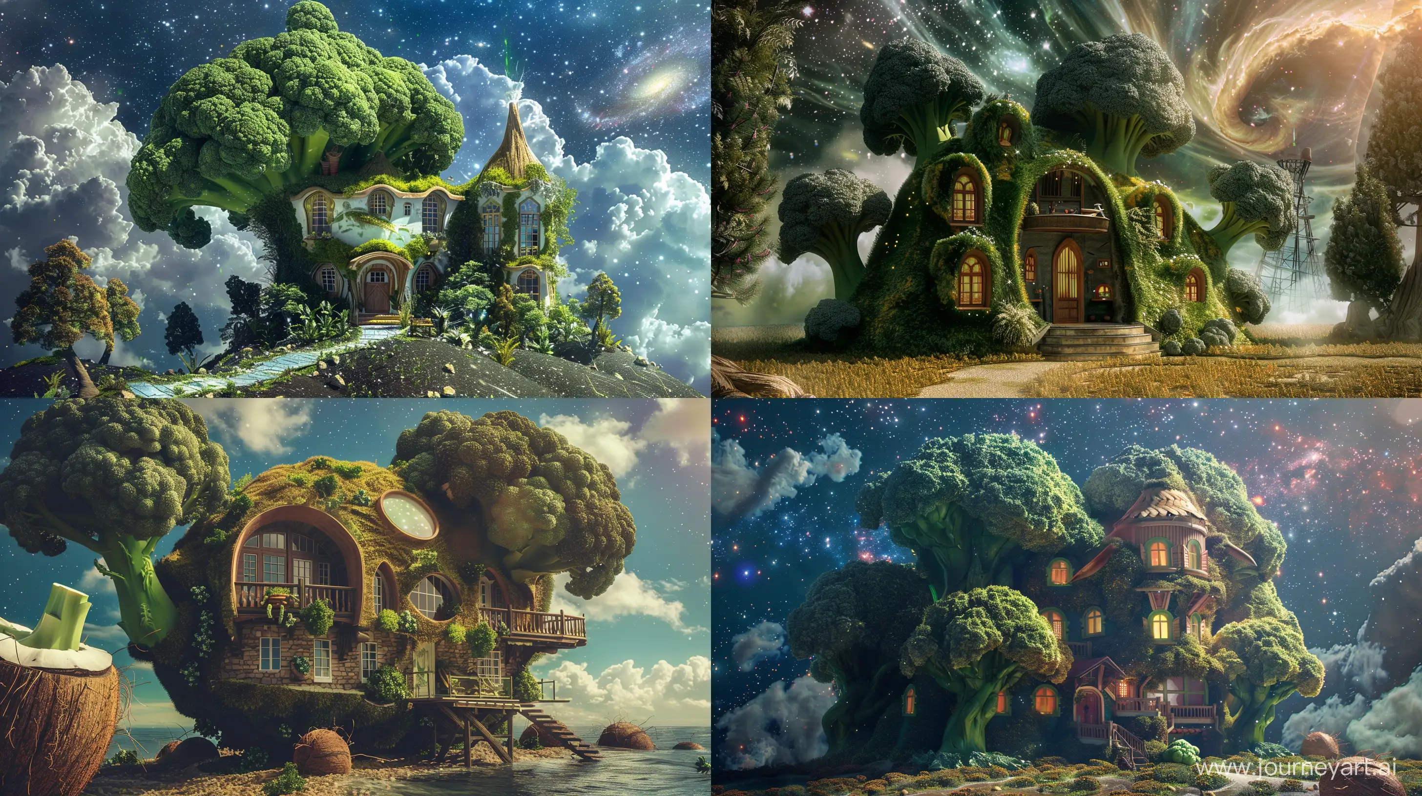 big house in the shape of coconut and broccoli, beautiful, in the galaxy, fantasy style, realistic --ar 16:9