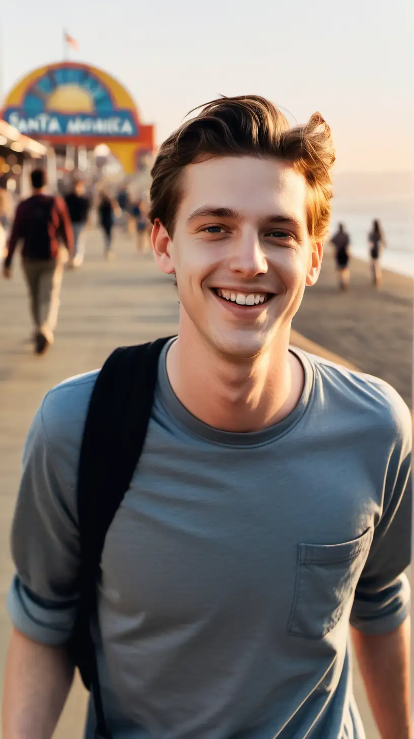 young white man smiling walking home, almost sunset, Santa Monica pier behind him