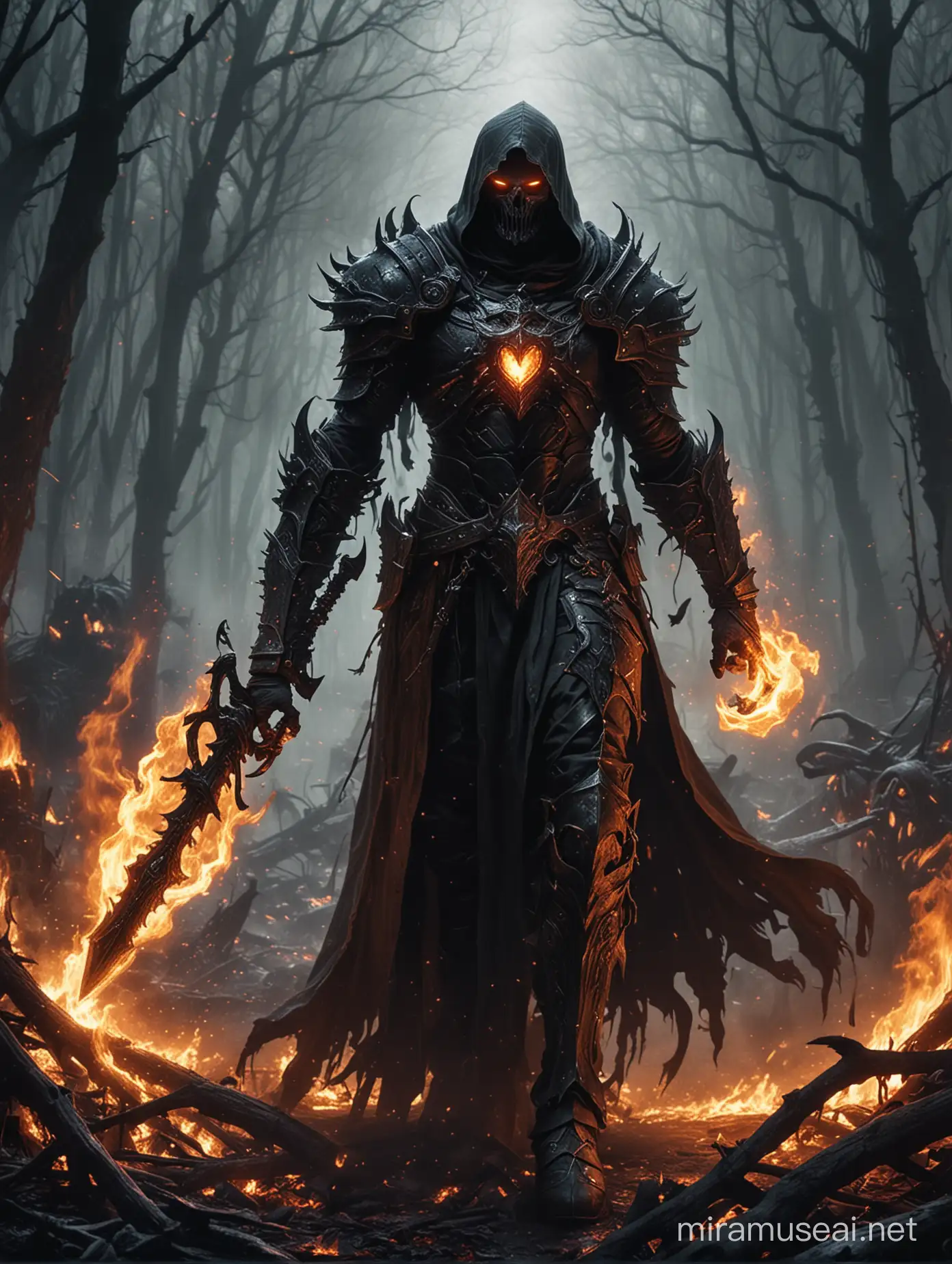 As you venture deeper into the darkness, beware the presence of the Death Knight—a spectral figure cloaked in shadow, his aura suffused with dread and malevolence. He strides through the infernal fires of hell, leaving naught but ash and cinders in his wake. Flames dance in his wake, fueled by the souls of the damned, twisted and tormented by his unholy power.

His armor, forged in the fires of damnation, radiates an eerie glow, casting twisted shadows that seem to writhe and dance with a life of their own. With each step, the ground trembles, and the air grows thick with the stench of death and decay.

Those who dare to gaze upon him feel an icy chill grip their hearts, as if death itself were reaching out to claim their souls. His eyes burn with an otherworldly flame, piercing through the darkness with a gaze that freezes the blood in your veins.

Beware, traveler, for the Death Knight is a harbinger of doom, a relentless hunter who knows no mercy. His presence alone is enough to inspire terror in the bravest of souls, for he is a force of darkness that few can hope to withstand.