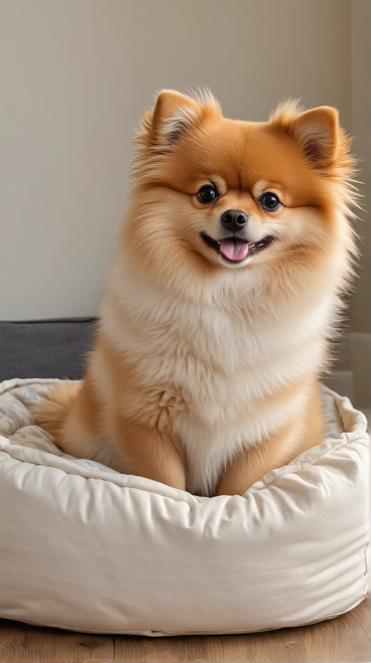 image of a cute pomeranian dog sitting up in his doggie bed
