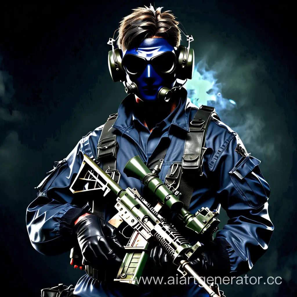military helicopter pilot, dark blue clothes, helicopter pilot mask, holding a machine gun. resident evil style