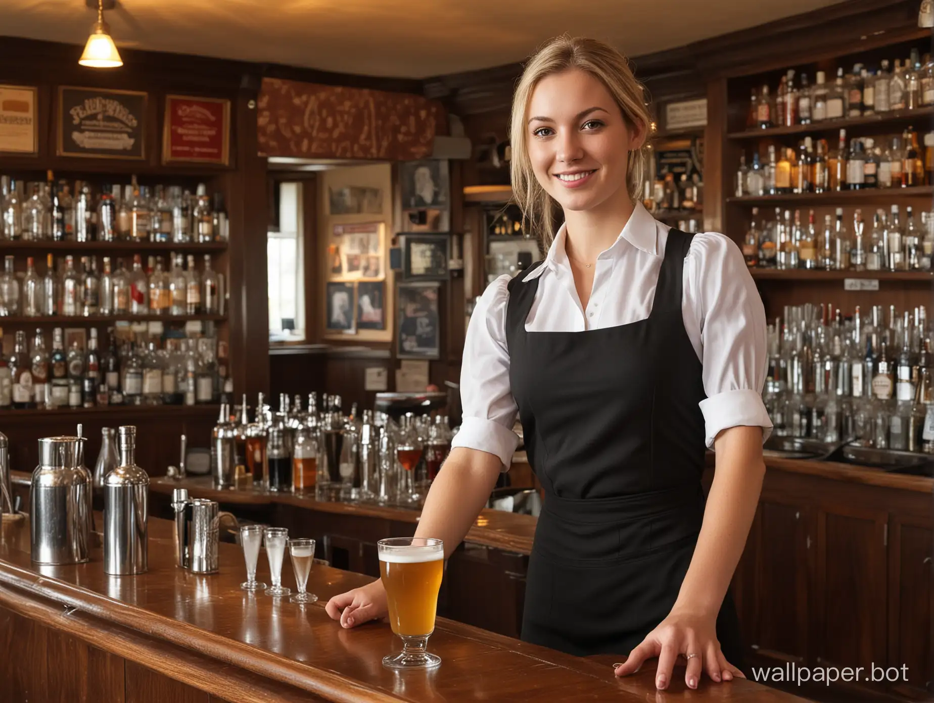 Waitress serving drinks in an English pub