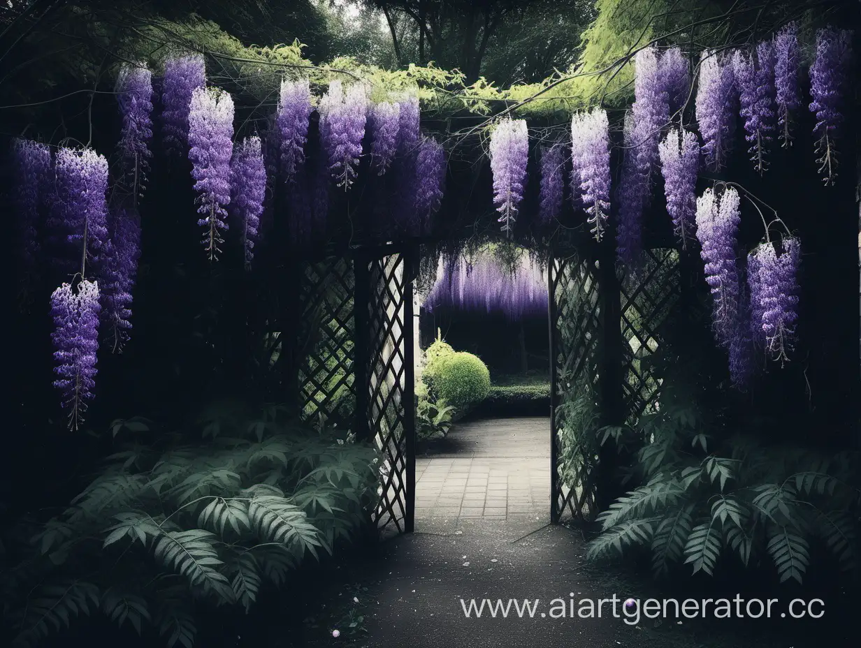 A scary dark mysterious garden with and wisteria