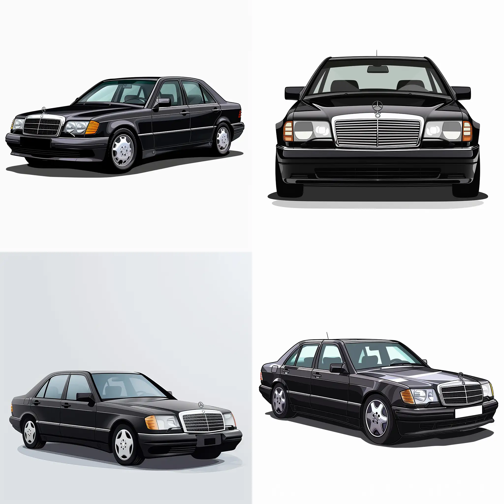 Minimalism 2D Car Gesture View Illustration of: Black Mercedes Benz W140 S320, Simple White Background, Adobe Photoshop Software, High Precision