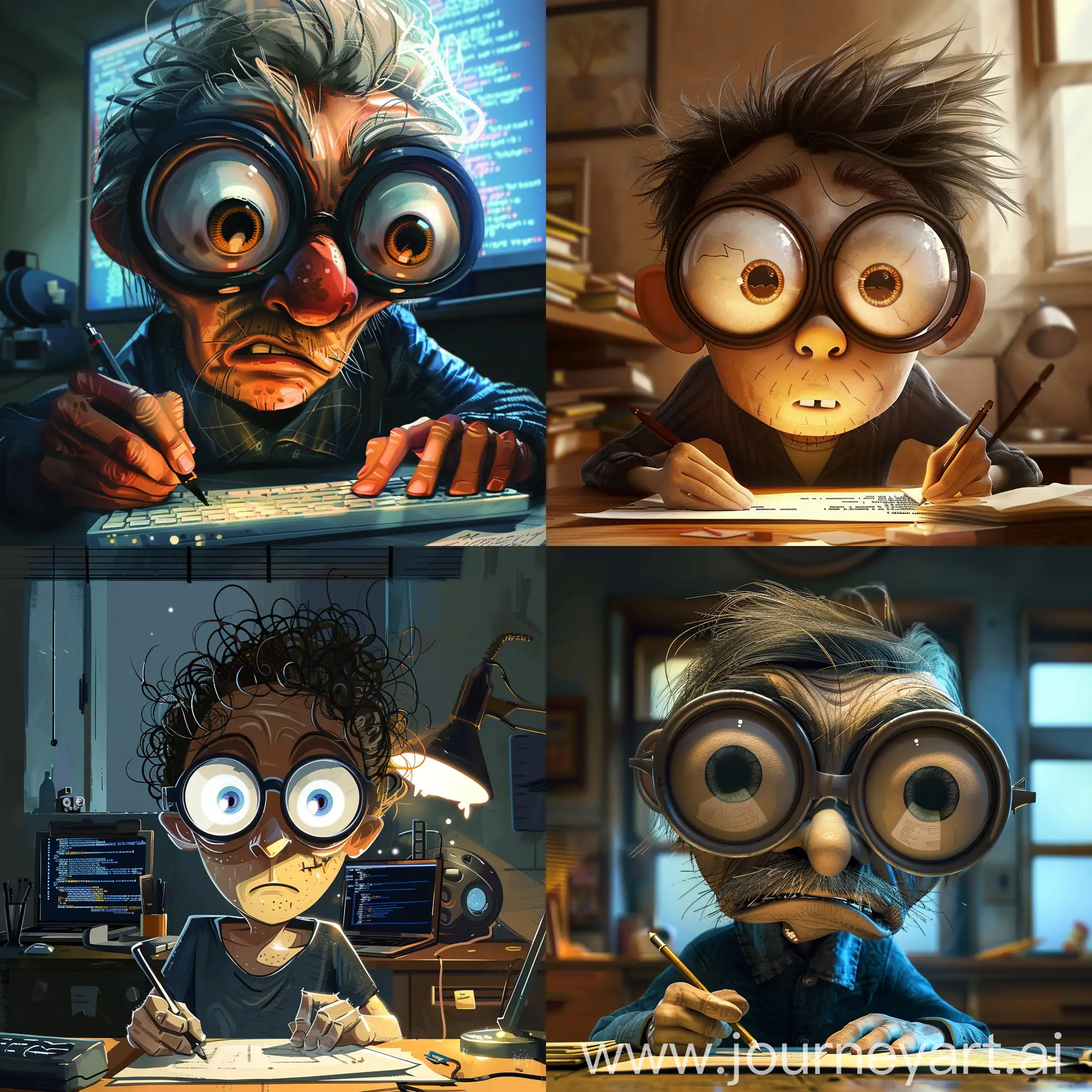A crazy man programmer with big eyes and huge round glasses writes code. pixar style