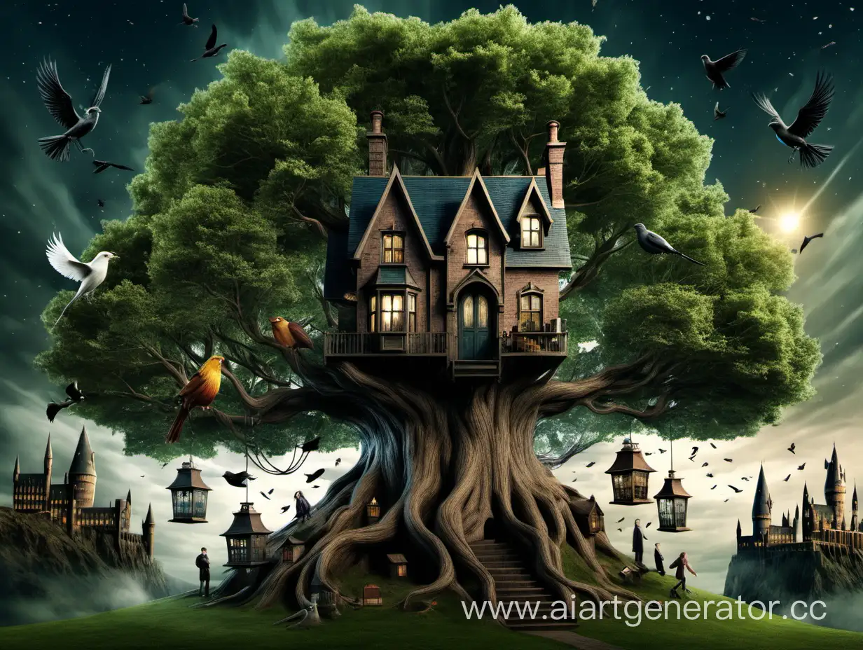 Magical-Harry-Potter-House-with-Tree-and-Birds